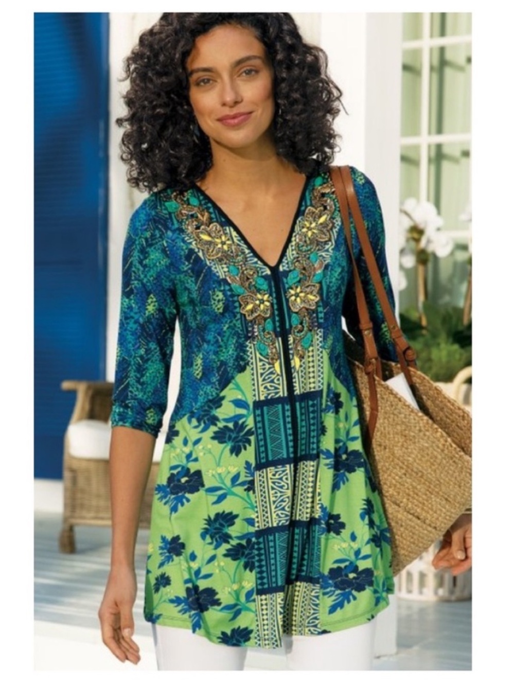 Soft Surroundings Marilla Beaded Embroidered V-Neck Tunic Top Size Large
